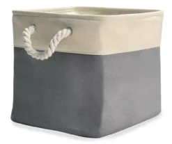 Gray & Cream Fabric Storage Bin With Rope Handles