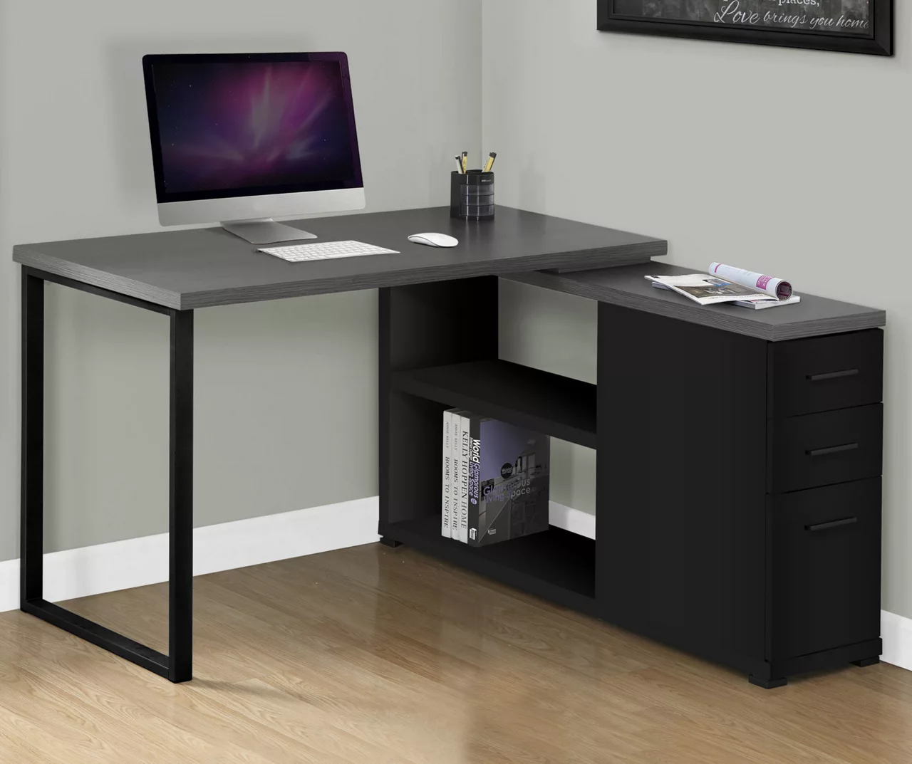 Gray & Black L-Shaped 3-Drawer Computer Desk 2 Gray & Black L-Shaped 3-Drawer Computer Desk - Image 2
