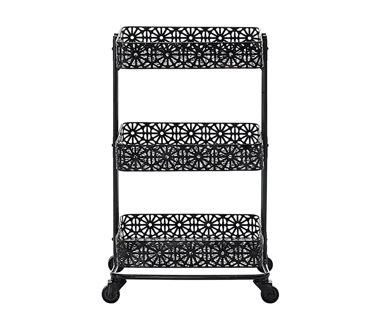 Mabry Black 3-Tier Pierced Floral Rolling Cart 2 Mabry Black 3-Tier Pierced Floral Rolling Cart - Image 2