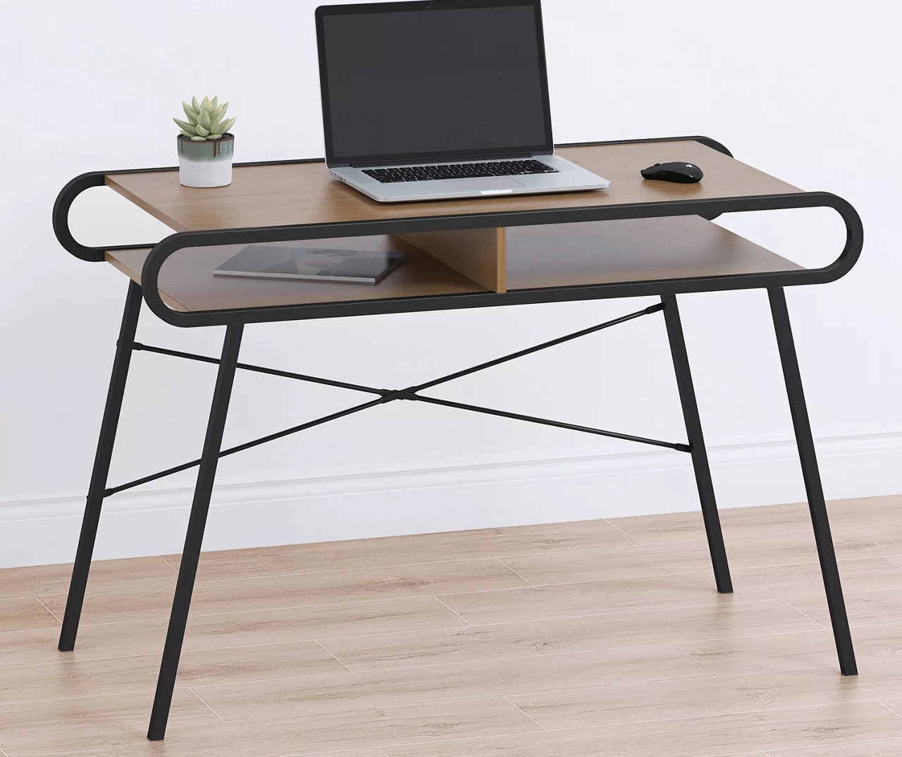 Black Metal & Woodgrain Rounded Edge Desk 2 Black Metal & Woodgrain Rounded Edge Desk - Image 2